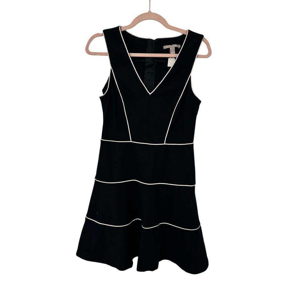 🖤✨ Banana Republic Black A-Line Dress 6 Petite White Trim Gold Zip Chic